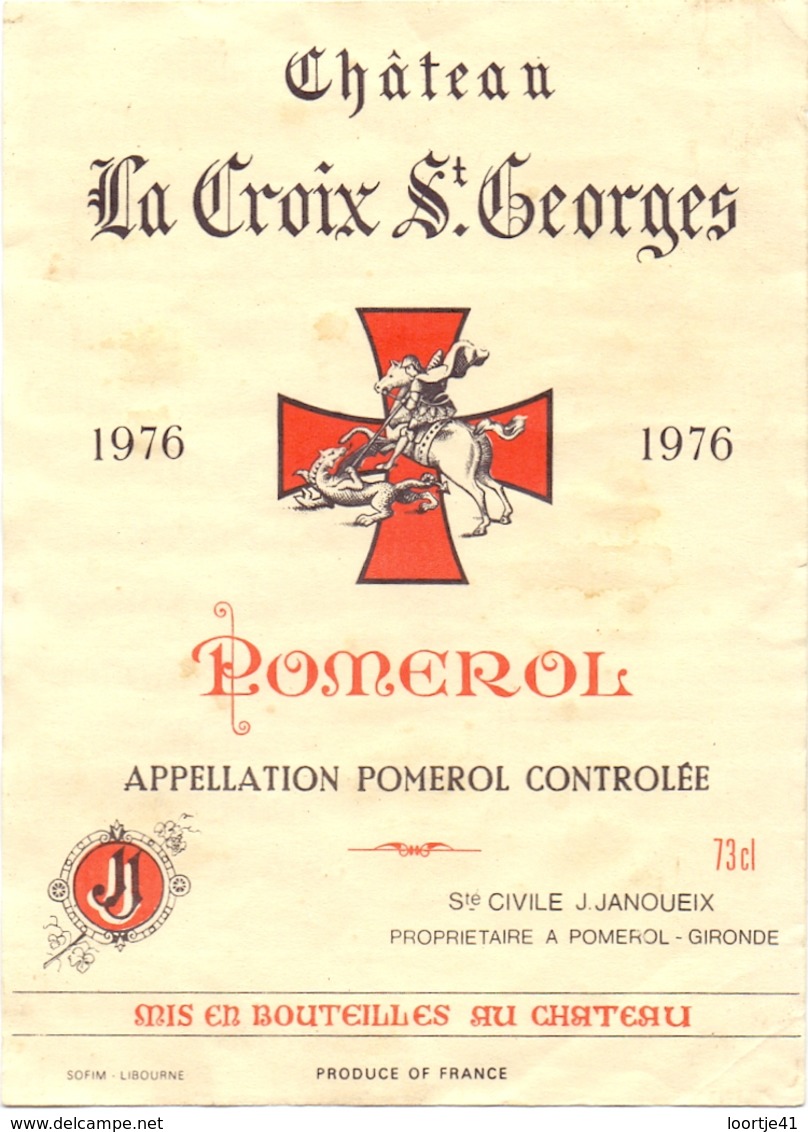 Etiket Etiquette - Vin - Wijn - Bordeaux - Pomerol - Chateau La Croix St Georges - 1976 - Bordeaux