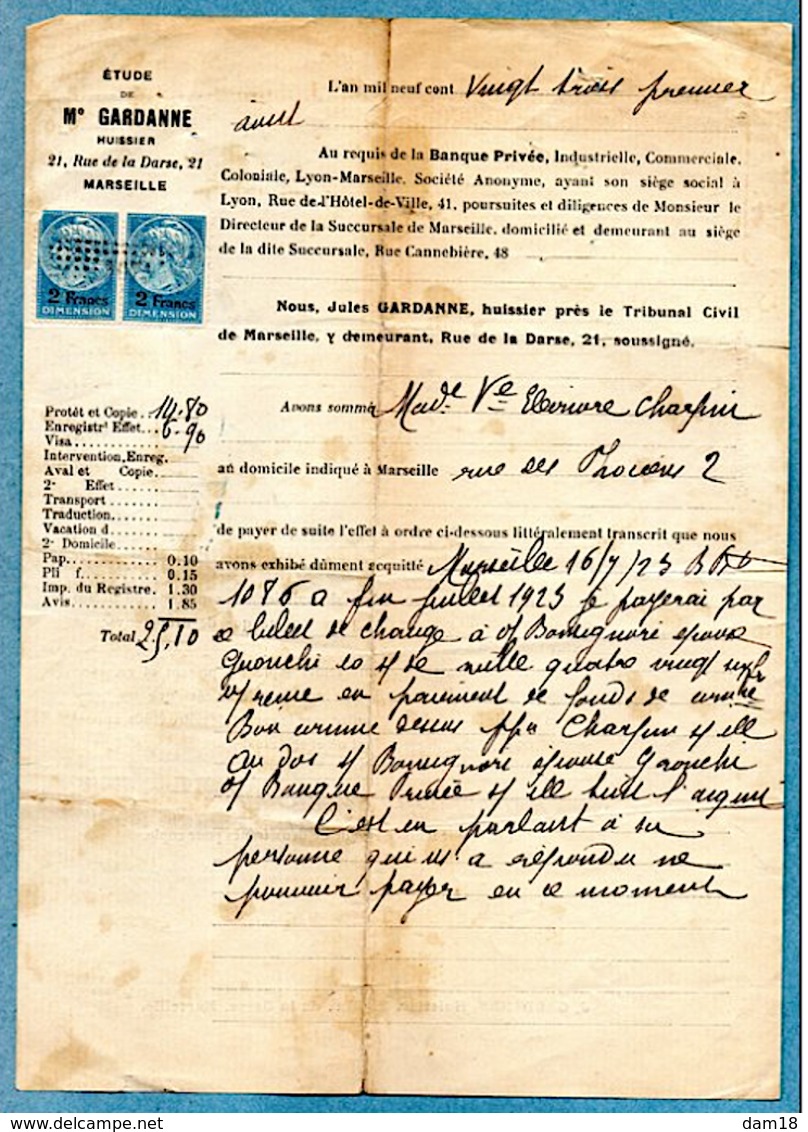 TIMBRE DE DIMENSION N° 74 X2 (YT) FISCAL 1928  SOMMATION HUISSIER  MARSEILLE - Storia Postale