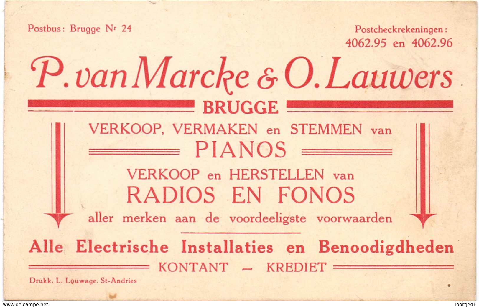 Briefkaart Carte Postale - Pub Reclame - Piano's Radio's - P. Van Marcke & O. Lauwers - Brugge - Publicité