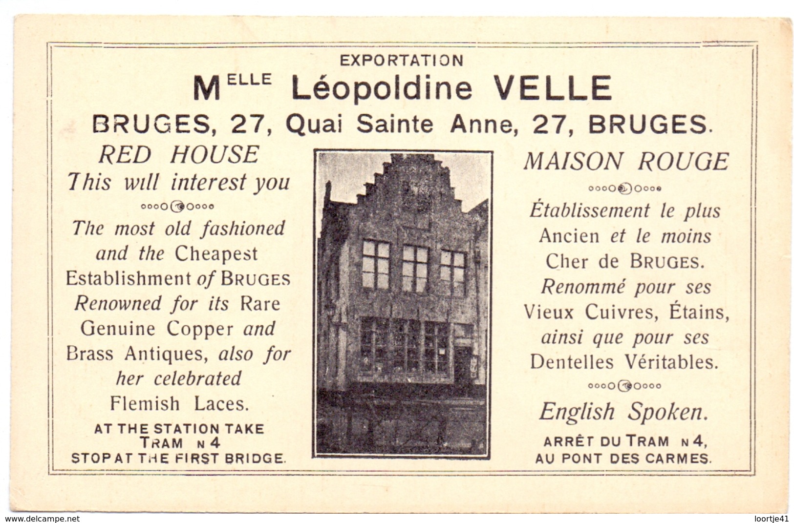 Briefkaart Reclamekaart - Pub Reclame - Maison Rouge - Melle Léopoldine Velle  - Brugge Bruges - Publicité