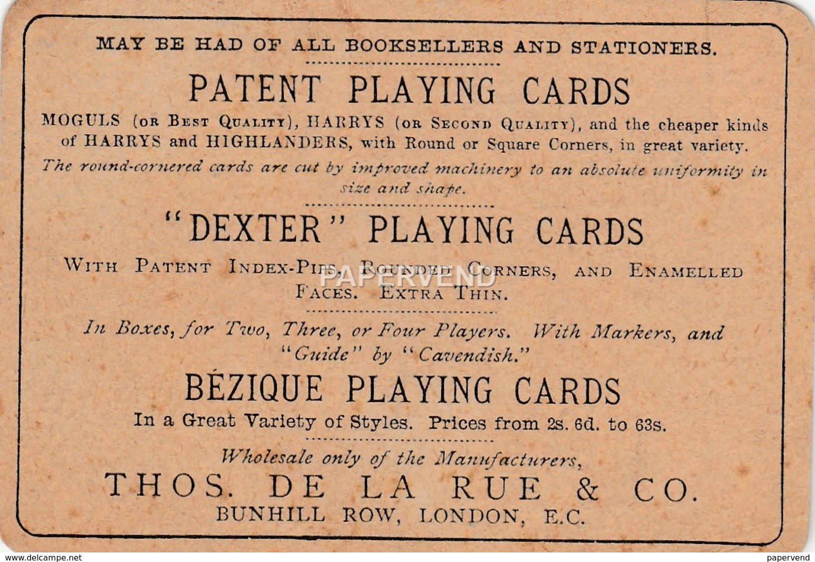 Advert  DE LA RUE Playing Cards  Advert   E109 - Advertising