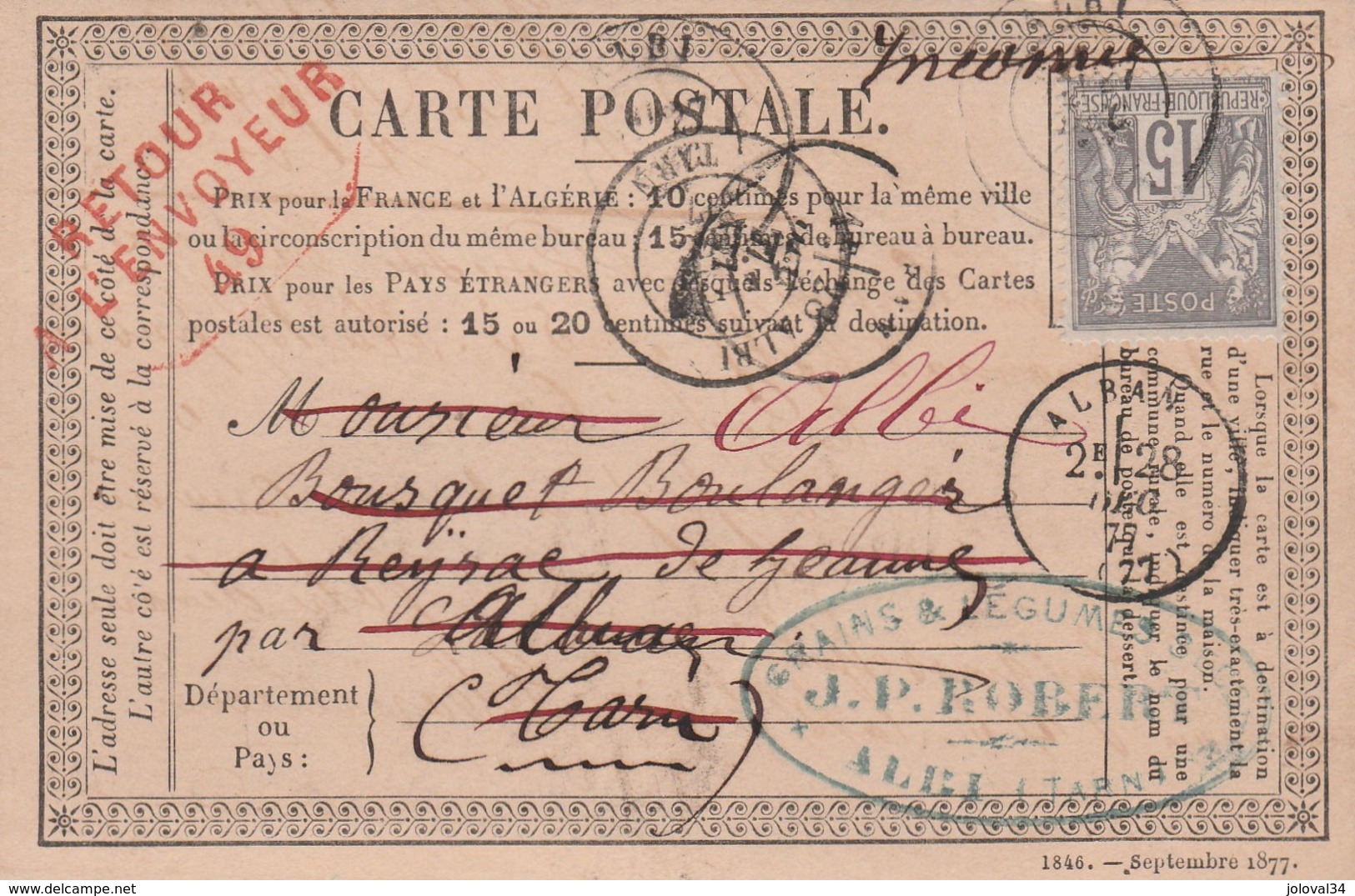 Yvert 77 Sage Entier Carte Précurseur ALBI Tarn 27/12/1875 Pour Alban - Inconnu Cachet Retour à L' Envoyeur 49 - RARE - Cartoline Precursori