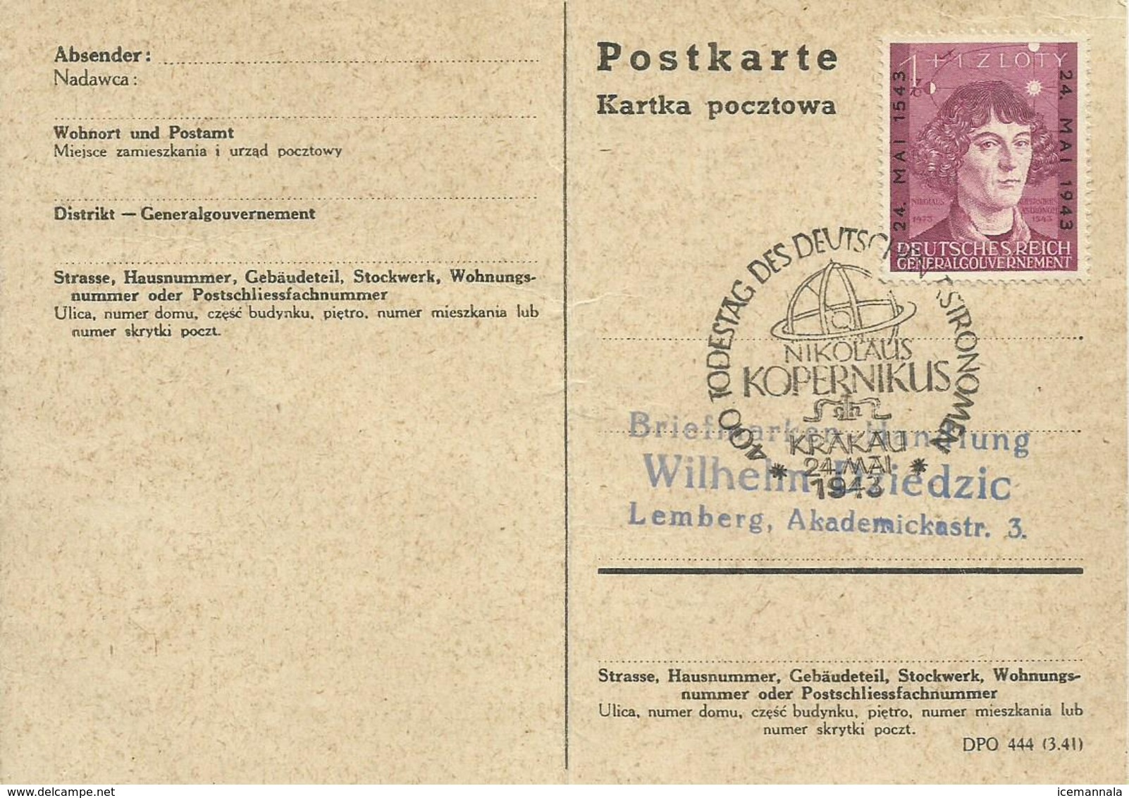 POLONIA, TARJETA POSTAL, CONMEMORACION COPERNICO - Gobierno General