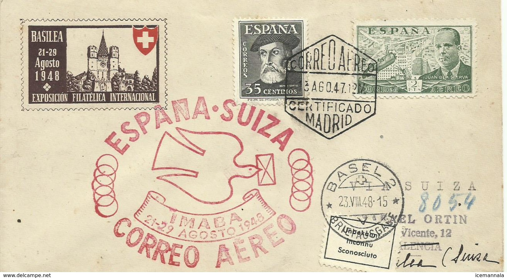 ESPAÑA, SOBRE CORREO AEREO ESPAÑA/SUIZA - Cartas & Documentos