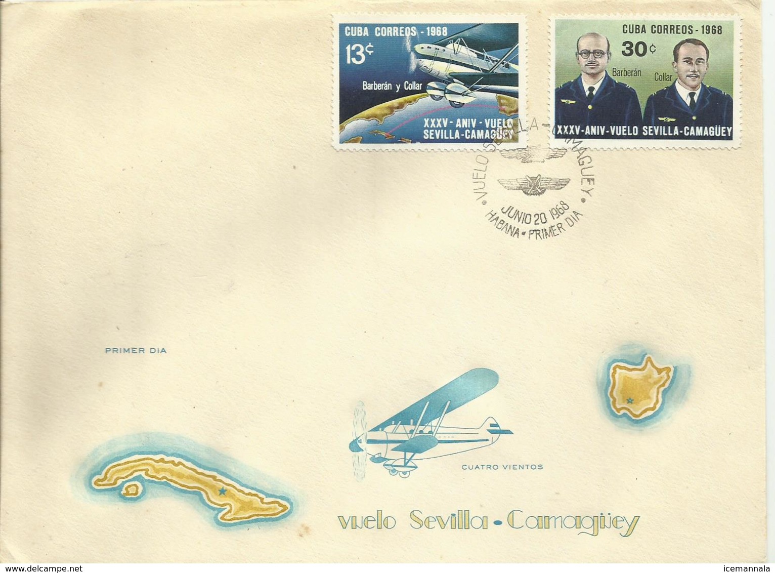 CUBA, SOBRE ANIVERSARIO VUELO SEVILLA/CAMAGUEY - Cartas & Documentos