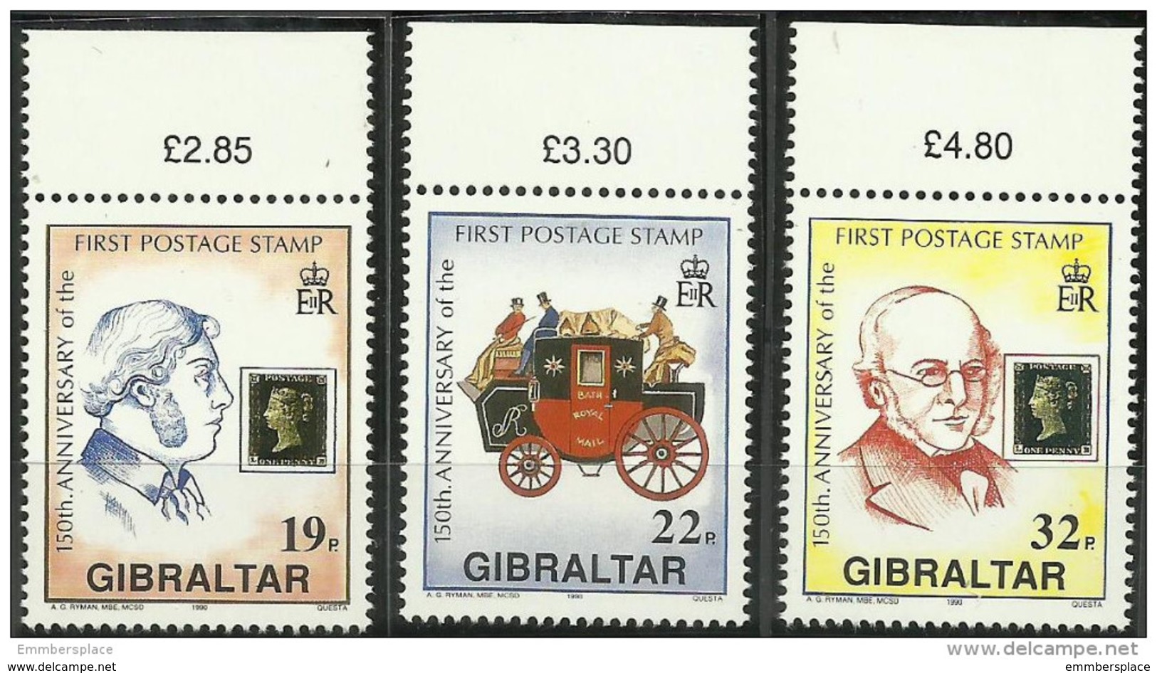 Gibraltar - 1990 Penny Black Anniversary MNH **    SG 634-6  Sc 570-2 - Gibraltar