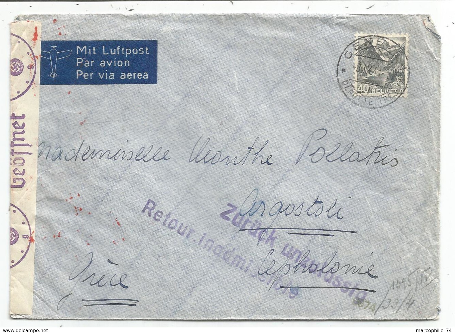 HELVETIA 40C GENEVE 8.IX.1941 LETTRE COVER AVION GRECE CENSURE NAZI + ZURUCK RETOUR INADMISSIBLE - Lettres & Documents