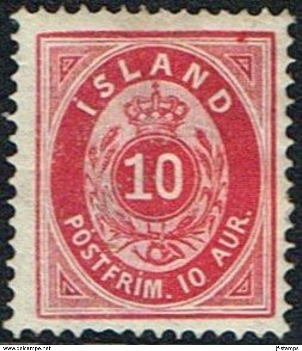 1876. Aur-Issue. 10 Aur Rose-carmine. Perf. 14x13½. 5th Print 1886. Facit 12b (Michel 8A) - JF160534 - Unused Stamps