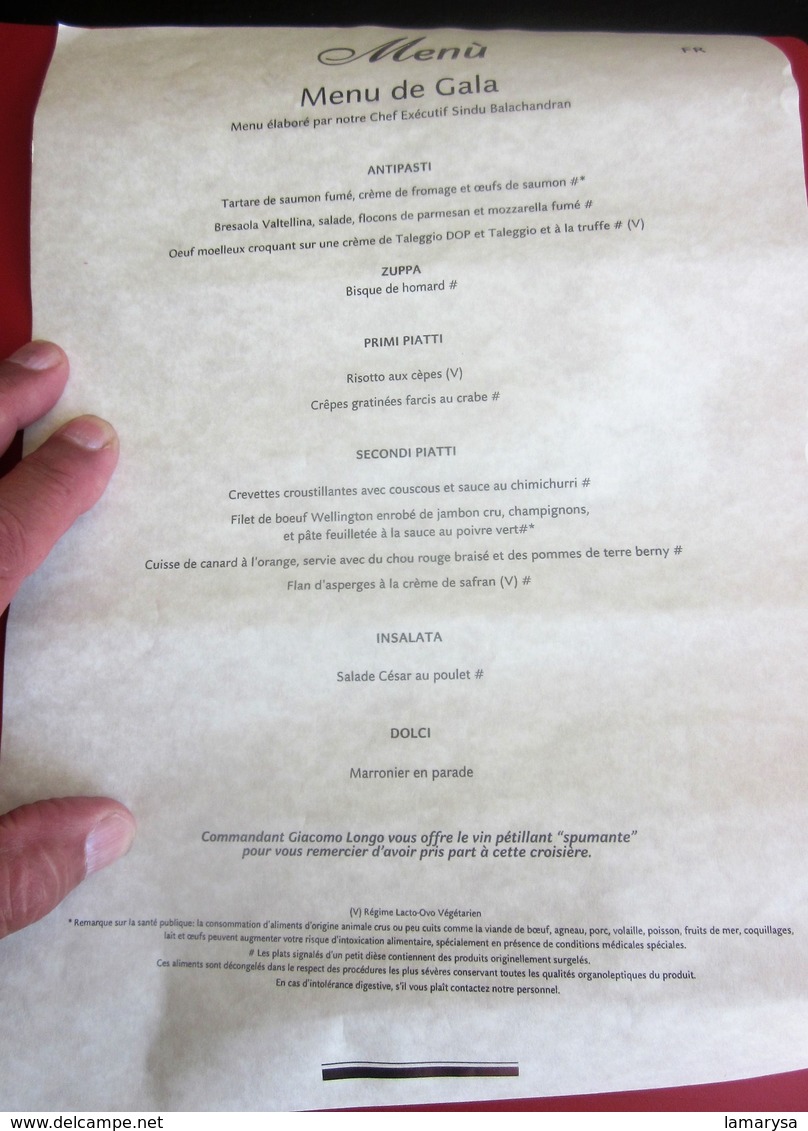 MENU DE GALA SUR LE PAQUEBOT  COSTA MÉDITERRANÉA ÉLABORE PAR LE CHEF EXÉCUTIF SINDU BALACHANDRAN ( NATIONALITÉ INDIENNE) - Menus