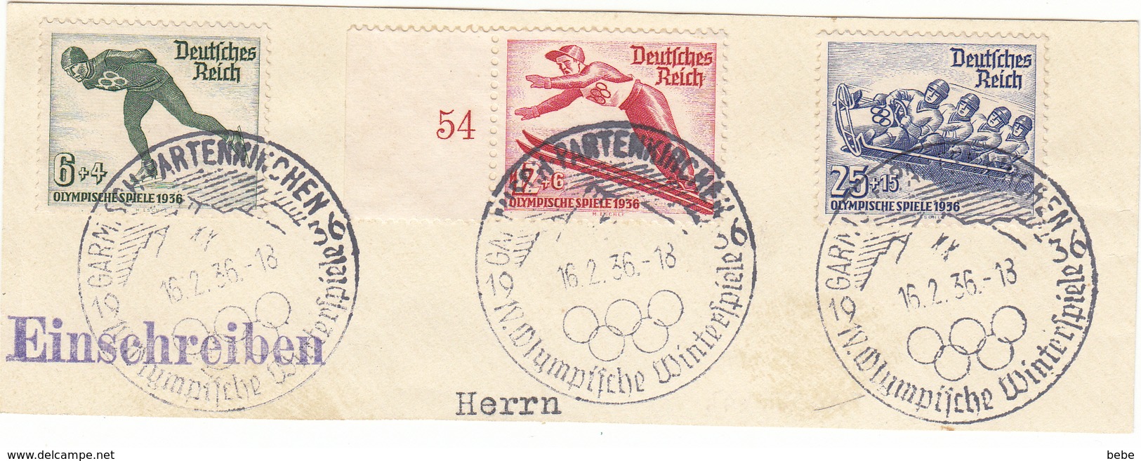 REICH JEUX OLYMPIQUES 1936  3 TIMBRES 559 + 560 + 561+ SUR 1 FRAGMENT - Usati