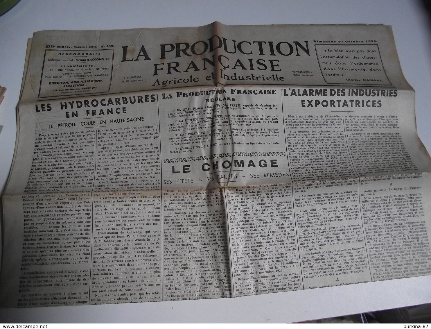 La Production Française,agricole Et Industrielle, Journal, 1 Er Oct 1933 - Autres & Non Classés