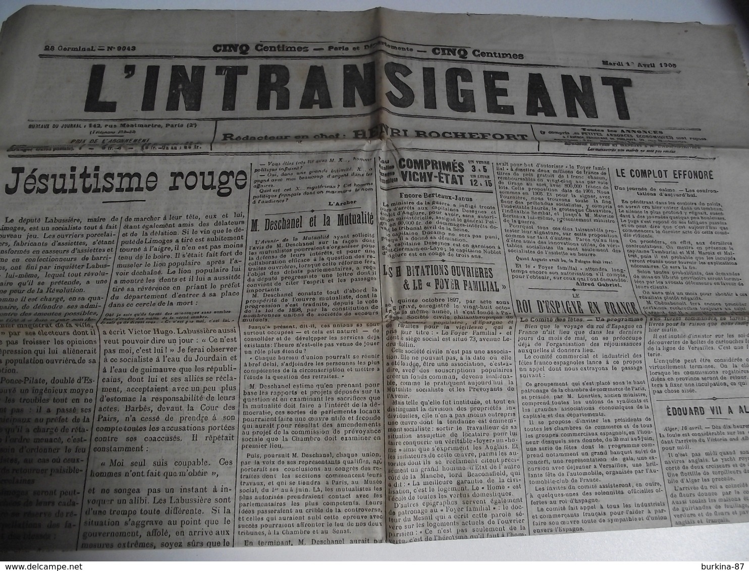 L'INTRANSIGEANT, Journal, 1 Er Avril 1905 - Autres & Non Classés