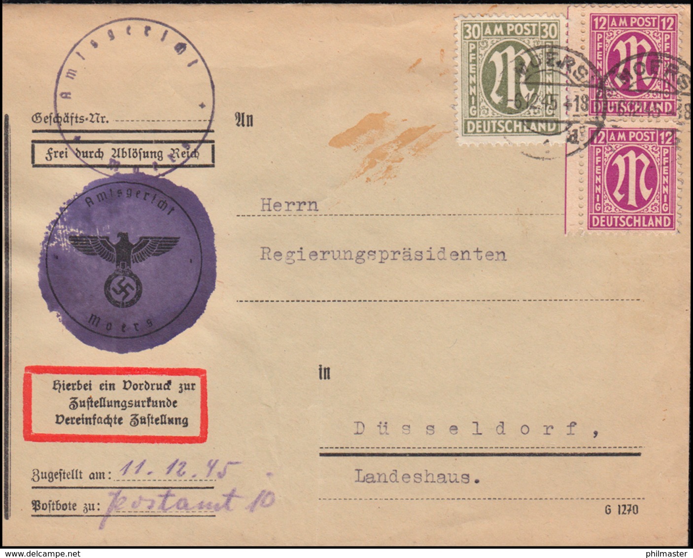 7+29 AM-Post Auf Zustellungsurkunde Amtsgericht MOERS 6.12.1945 Nach Düsseldorf - Autres & Non Classés