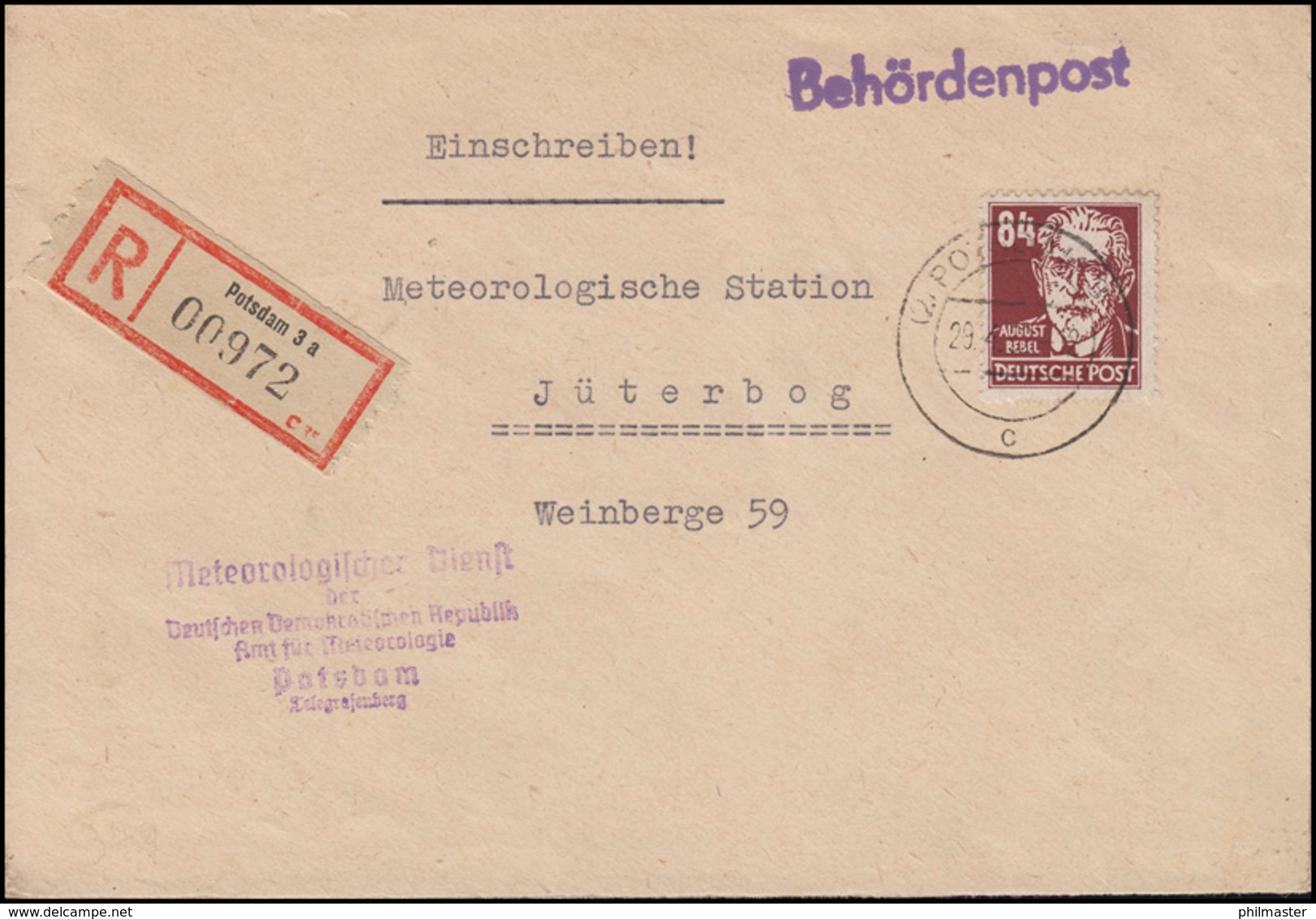 SBZ 227 August Bebel 84 Pf R-Bf. Meteorologischer Dienst Der DDR POTSDAM 29.4.52 - Sonstige & Ohne Zuordnung