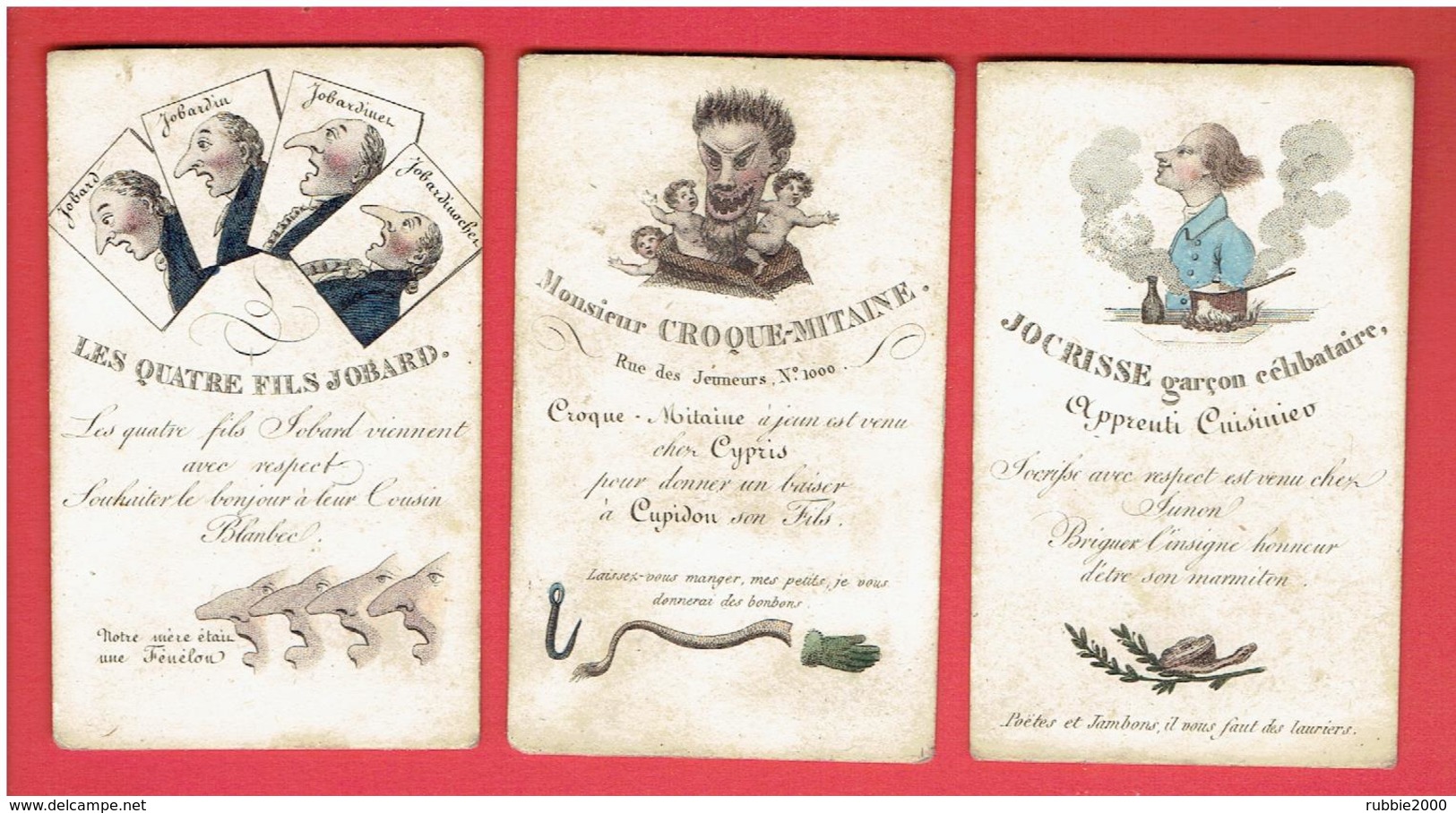 LOT 3 CARTES HUMORISTIQUES XIXe COLORISEES MONSIEUR CROQUE MITAINE JOCRISSE GARCON CELIBATAIRE ET LES QUATRE FILS JOBARD - Andere & Zonder Classificatie