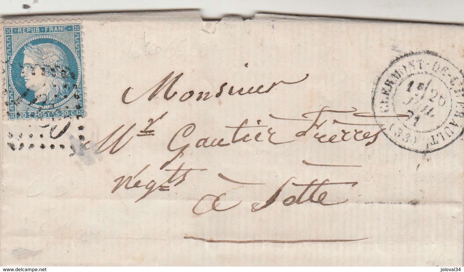 Yvert 60A Cérès Lettre CLERMONT DE L' HERAULT 26/7/1871 GC 1050 à Cette - 1849-1876: Classic Period
