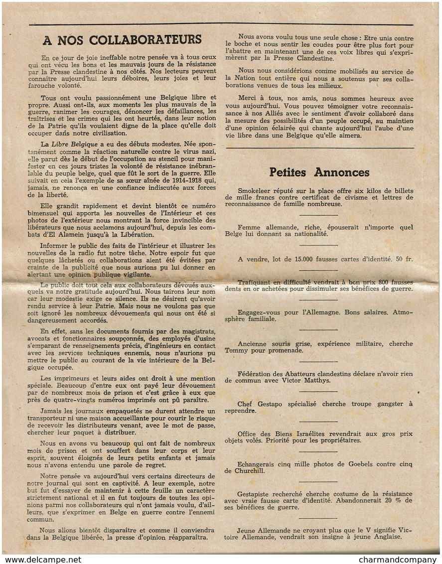 La Libre Belgique N° 85 - 3/09/1944 - Nouvelle Série De Guerre - Honneur à Nos Libérateurs - 2 Scans - 1939-45