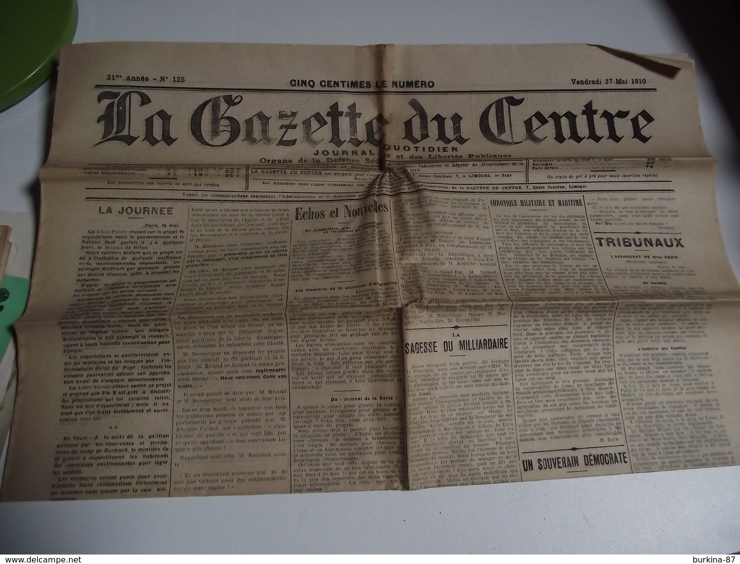 LA GAZETTE DU CENTRE, Journal,  27 Mai 1910 - Autres & Non Classés