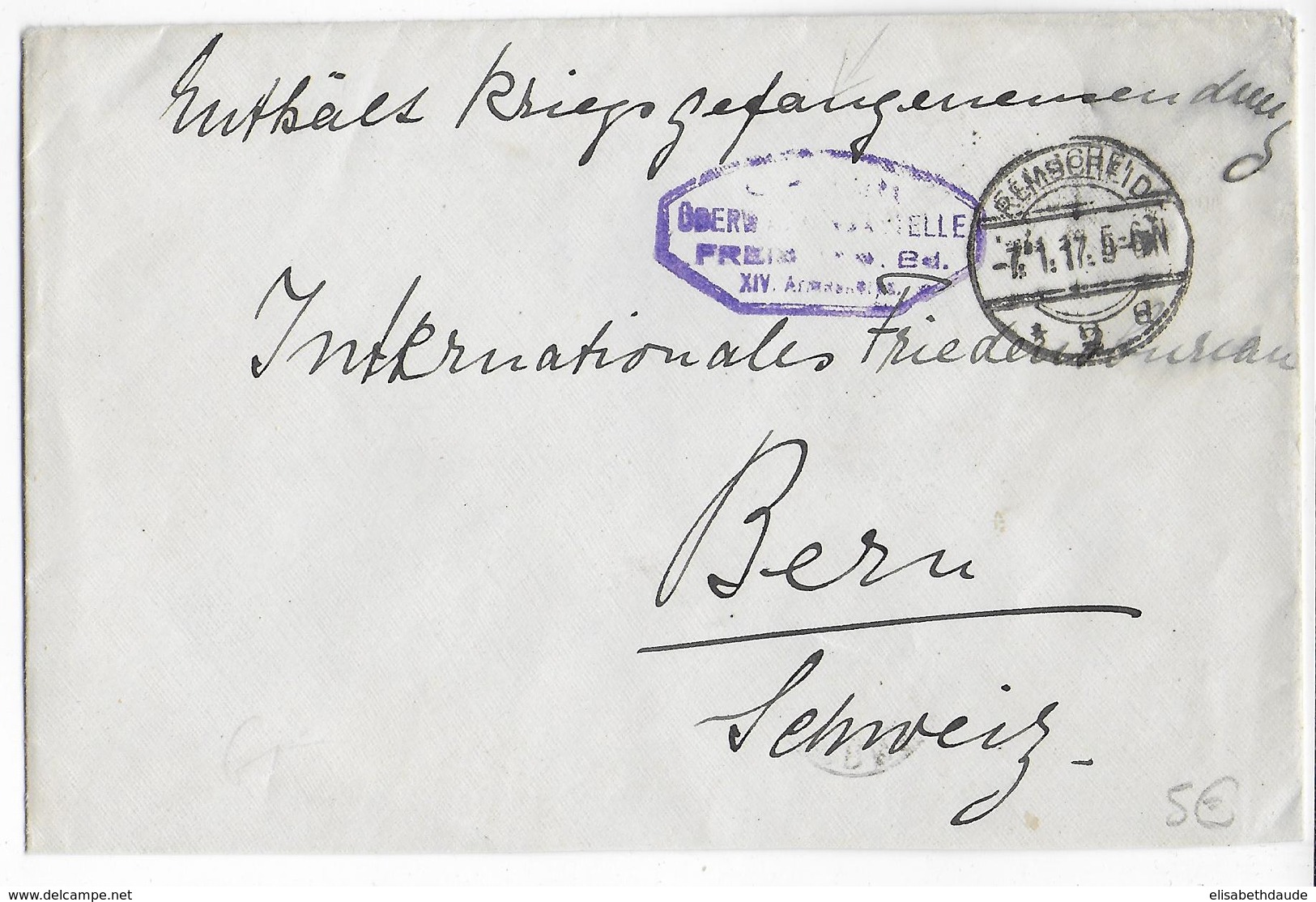 KRIEGSGEFANGENENPOST / PRISONNIERS DE GUERRE - 1917 - ENVELOPPE De REMSCHEID Avec CENSURE De FREIBURG=> BERN (SUISSE) - Gevangenenpost