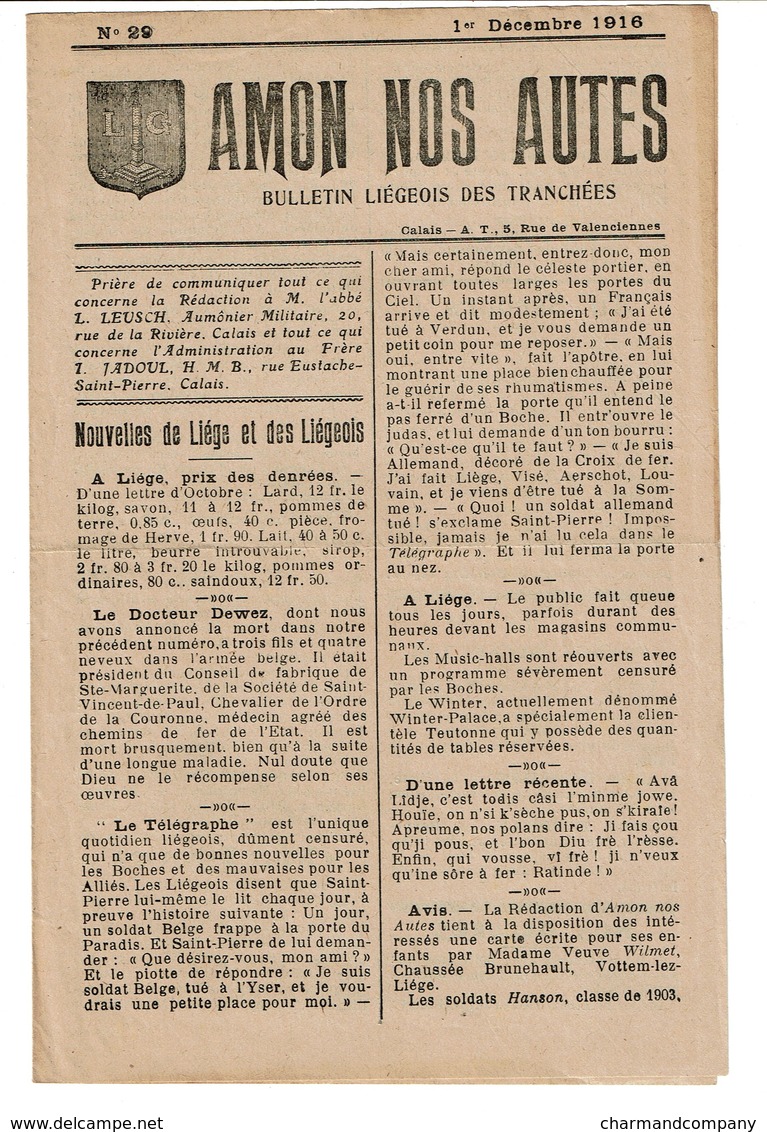 WWI - 1er Décembre 1916 - N° 29 - AMON NOS AUTES Bulletin Liégeois Des Tranchées - Liège - 2 Scans - 1914-18