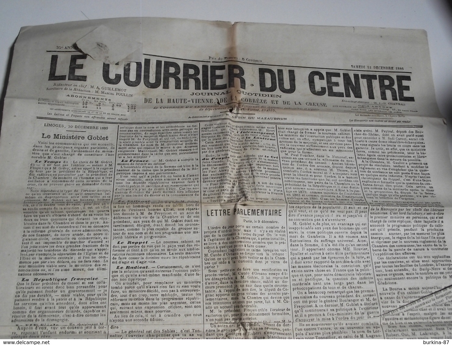 LE COURRIER DU CENTRE, Journal,  11 Décembre 1886 - 1850 - 1899