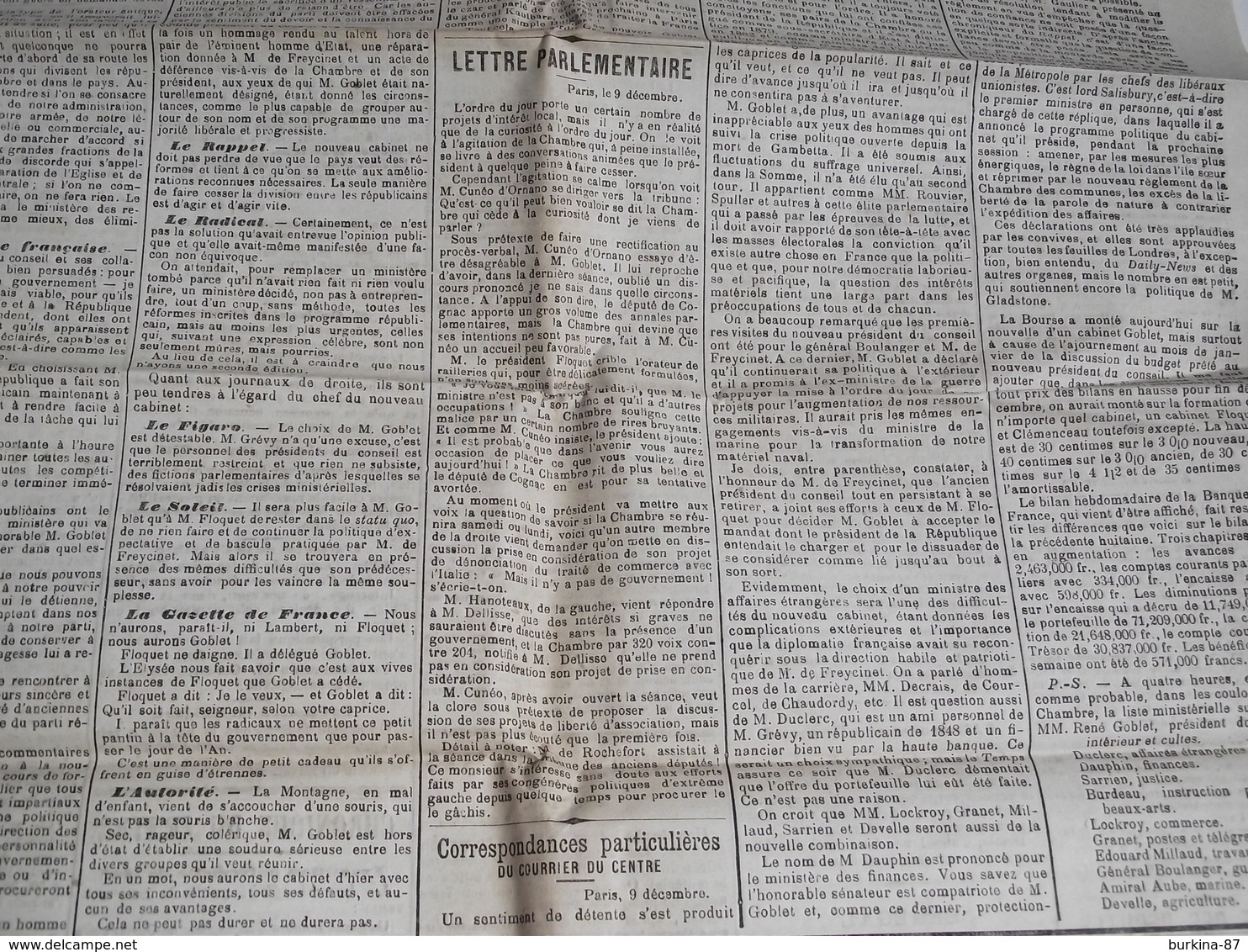 LE COURRIER DU CENTRE, Journal,  11 Décembre 1886 - 1850 - 1899