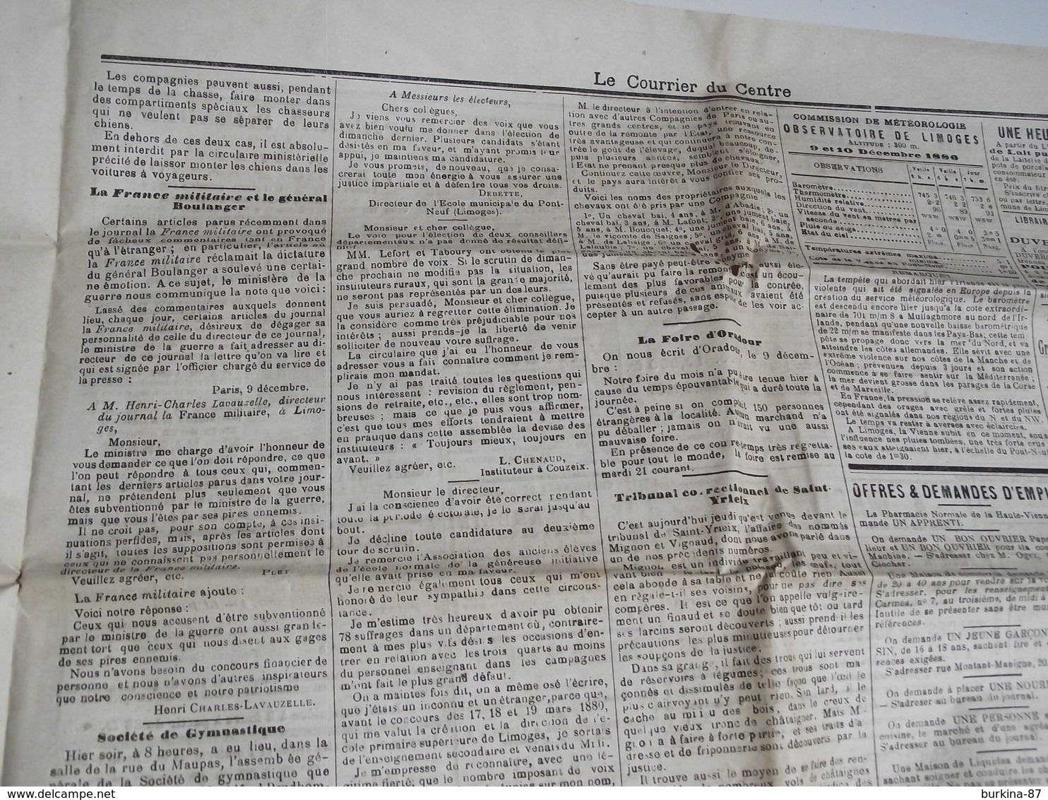 LE COURRIER DU CENTRE, Journal,  11 Décembre 1886 - 1850 - 1899