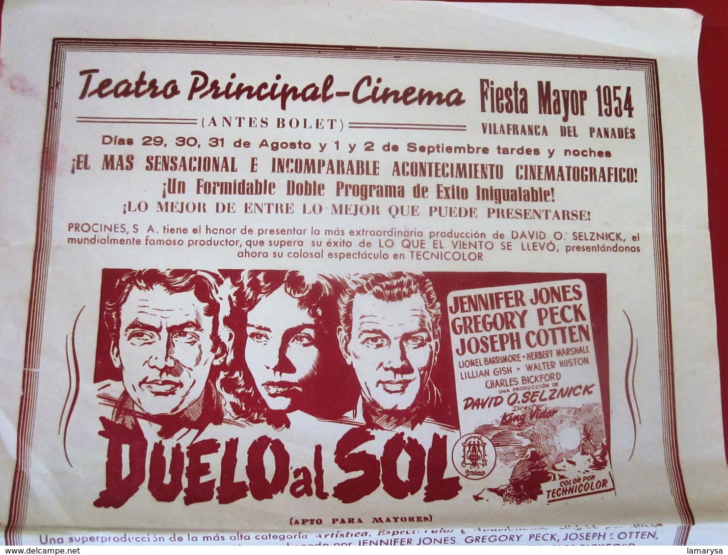 DUELO AL SOL-1954 TEATRO PRINCIPAL CINÉMA FIESTA MAYOR-VILAFRANCA BEL PANADE-COLOSAL EXTRAORDINARIO Y GRANDIOSE PROGRAMA - Programas