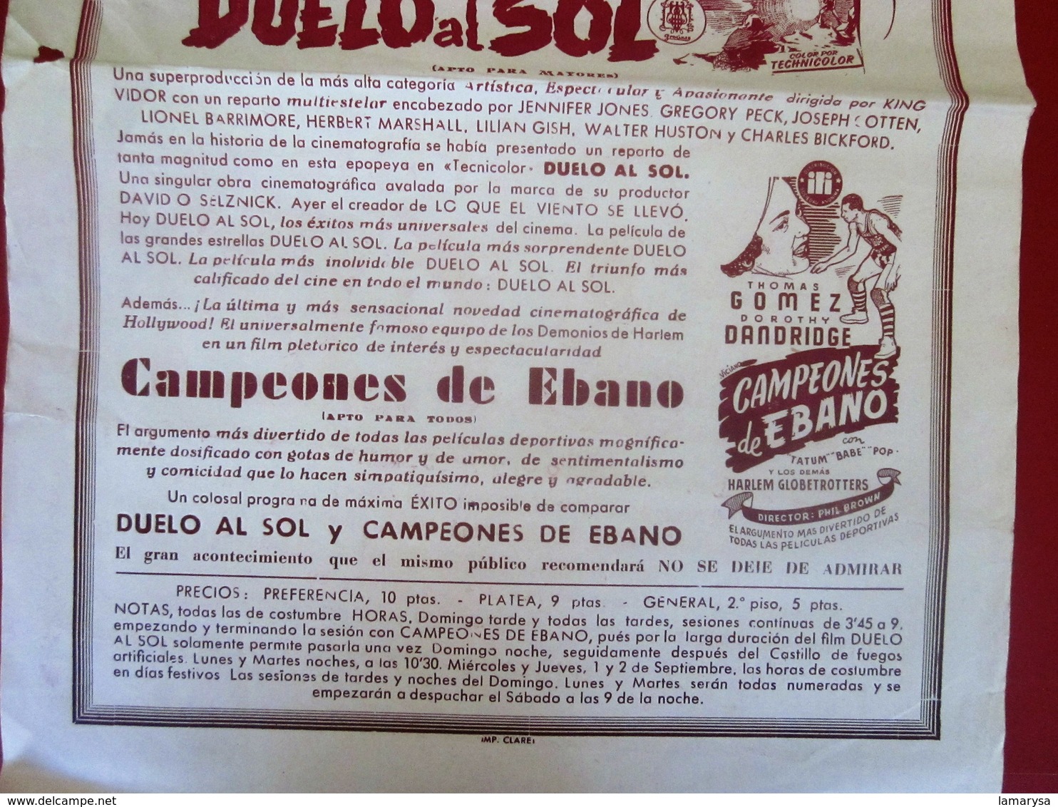 DUELO AL SOL-1954 TEATRO PRINCIPAL CINÉMA FIESTA MAYOR-VILAFRANCA BEL PANADE-COLOSAL EXTRAORDINARIO Y GRANDIOSE PROGRAMA - Programs