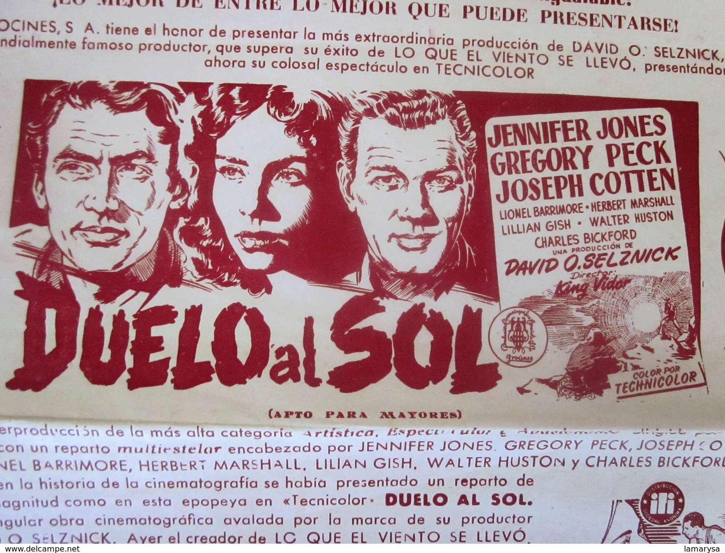 DUELO AL SOL-1954 TEATRO PRINCIPAL CINÉMA FIESTA MAYOR-VILAFRANCA BEL PANADE-COLOSAL EXTRAORDINARIO Y GRANDIOSE PROGRAMA - Programas