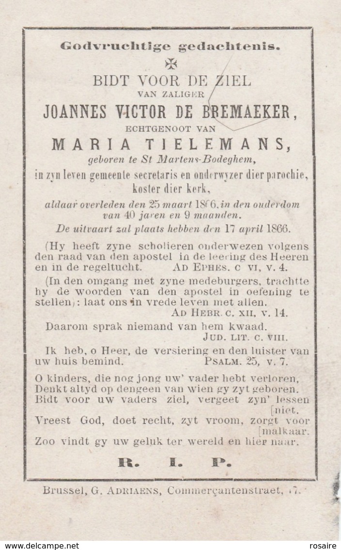 Joannes Victor De Bremaeker -tielemans-st Martens-bodeghem 1866 - Devotion Images