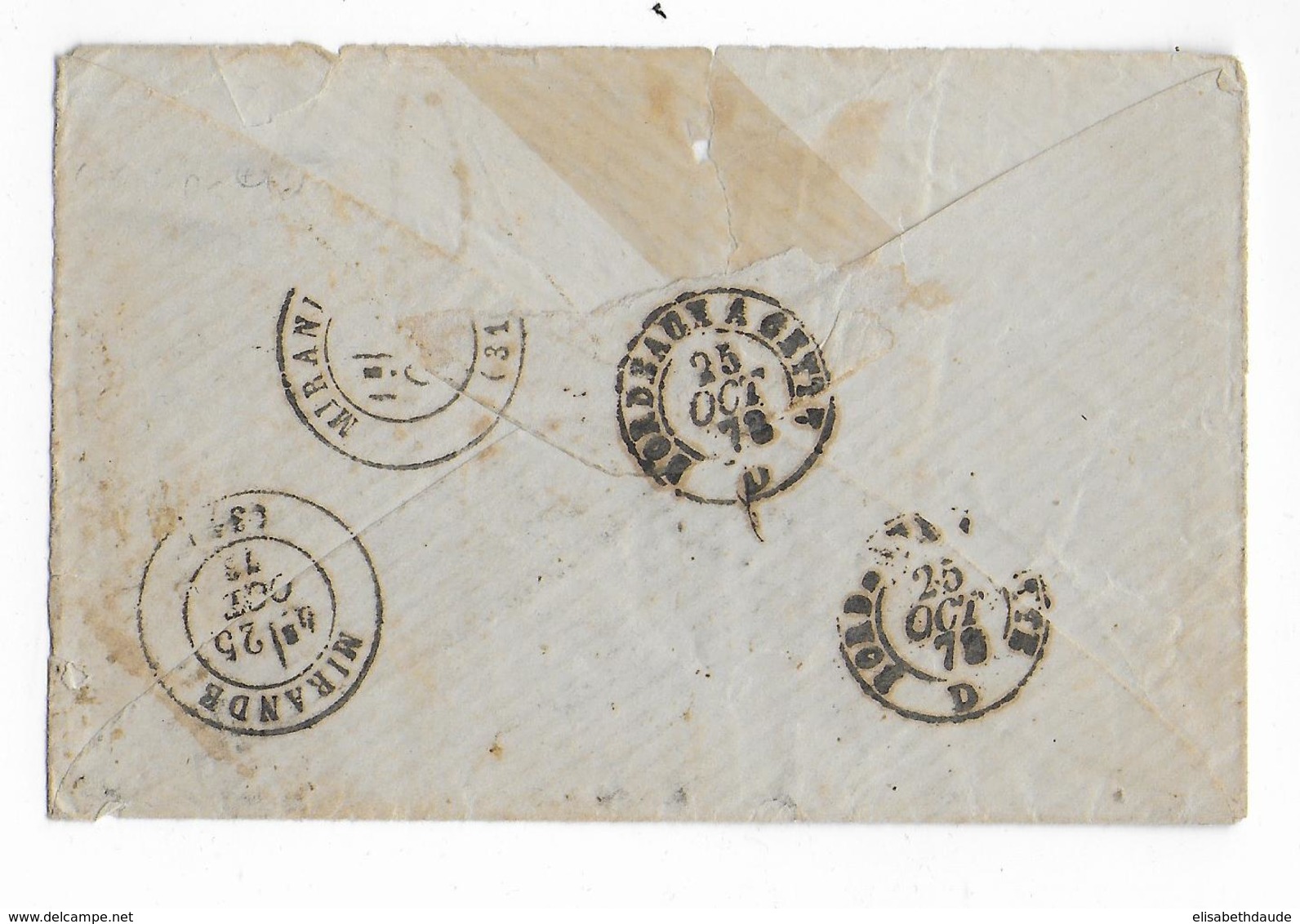 1873 - ENVELOPPE Avec ENTREE COL.FR. Par AMBULANT CALAIS F RARE => MIRANDE (GERS) READRESSEE => BAZAS - Entry Postmarks
