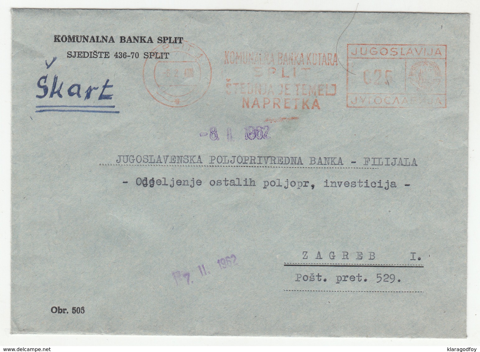 Komercijalna Banka Kotara Split Meter Stamp On Company Letter Cover Travelled 1962 To Zagreb B190615 - Croatia