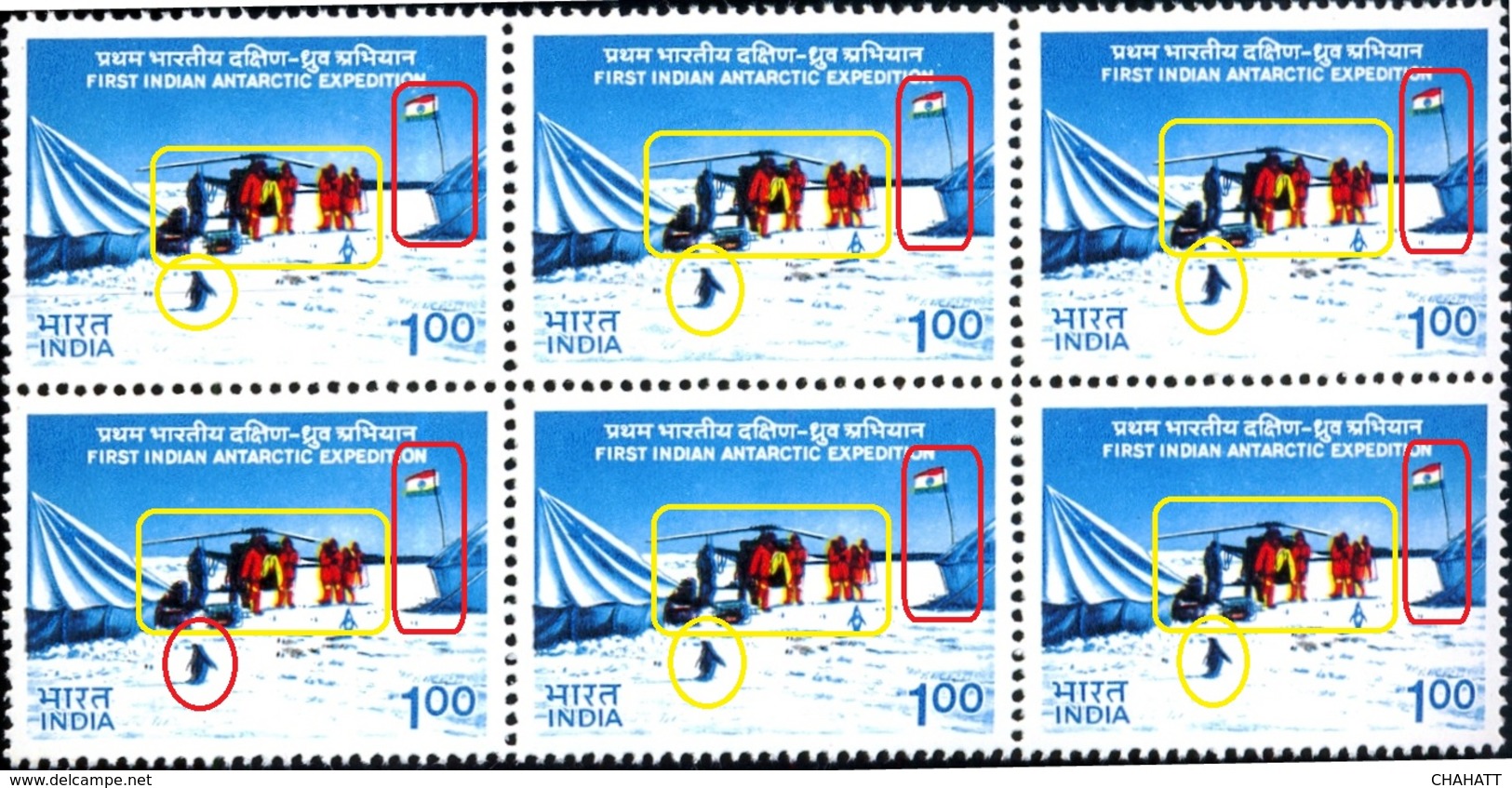 FIRST INDIAN ANTARCTIC EXPEDITION-PENGUINS-INDIAN FLAG-HELICOPTERS-ERROR-BLOCK OF 6-INDIA-1990-RARE-MNH-B9-873 - Programmi Di Ricerca