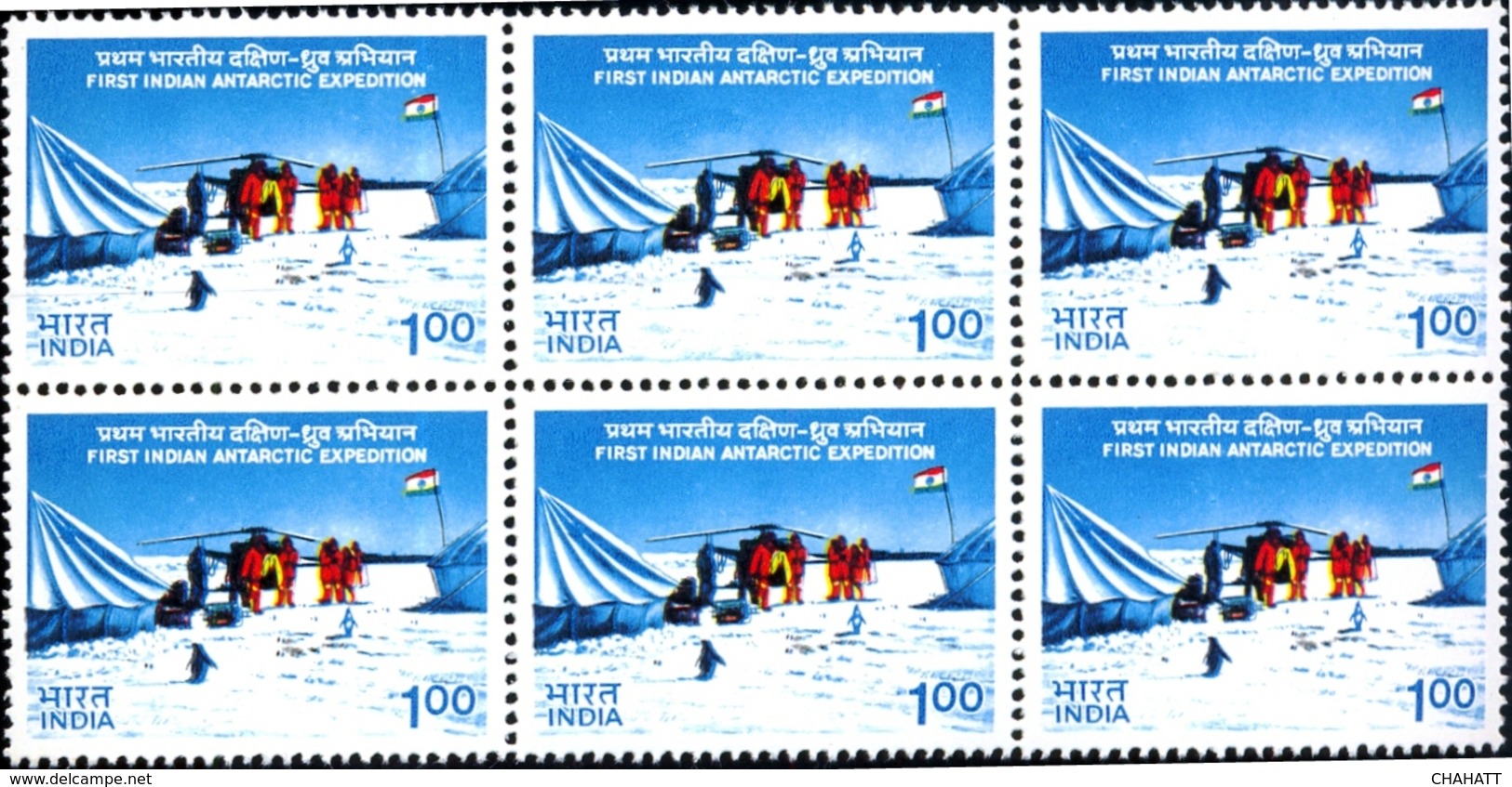 FIRST INDIAN ANTARCTIC EXPEDITION-PENGUINS-INDIAN FLAG-HELICOPTERS-ERROR-BLOCK OF 6-INDIA-1990-RARE-MNH-B9-873 - Forschungsprogramme
