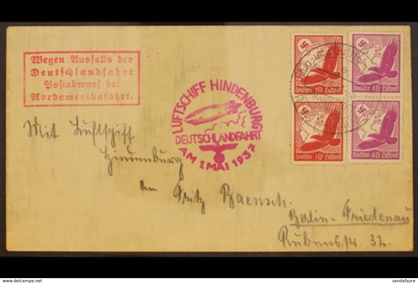 HINDENBURG FLIGHT COVER  GERMANY 1937 (1 May) Cover Bearing Four Stamps Tied By "Frankfurt (Main)" Cds Cancel, With Red  - Otros & Sin Clasificación