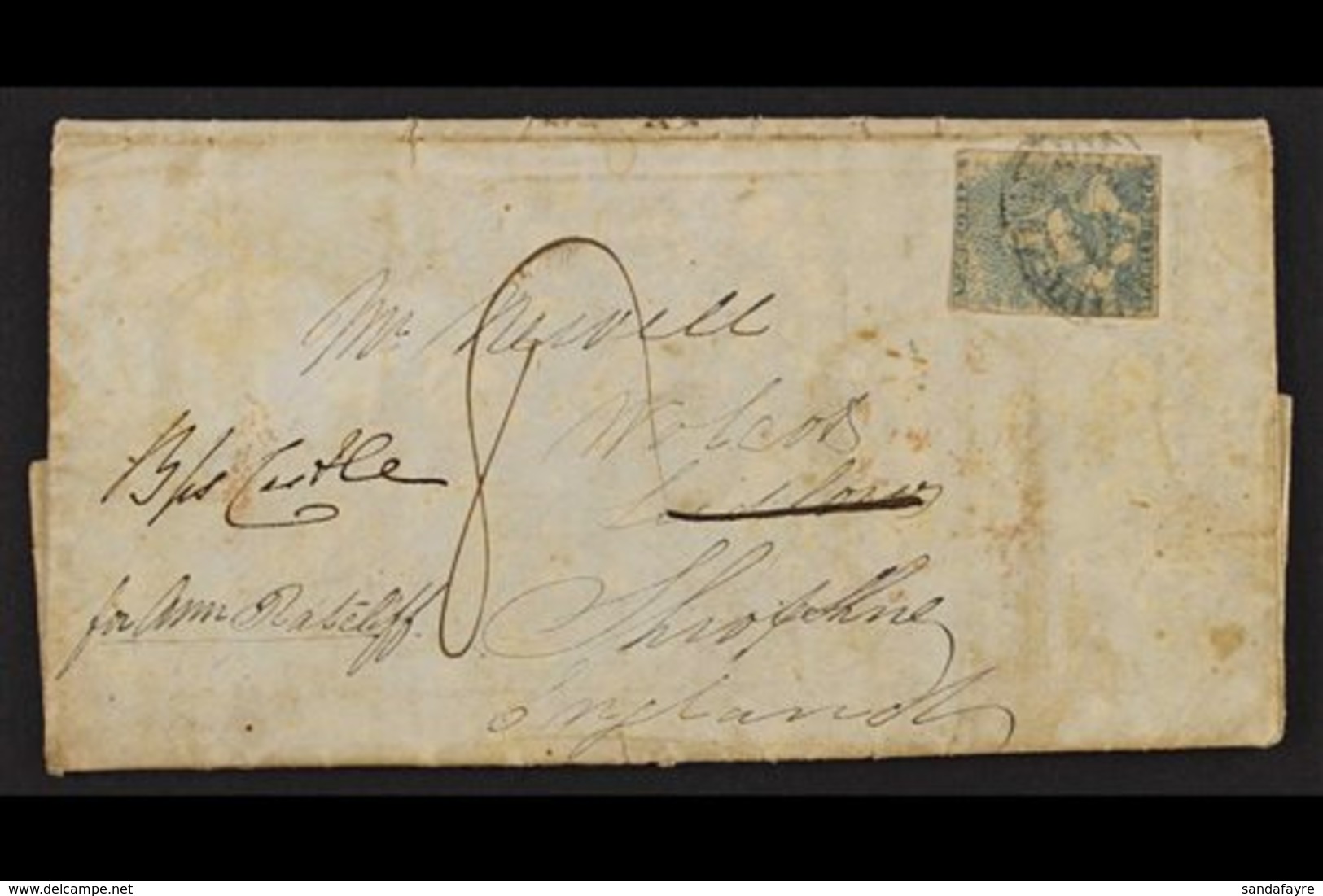 VICTORIA  1852 (April) Entire Letter From Melbourne To Shropshire, Bearing S Fair 3d Blue Half Length Tied By Barred Ova - Otros & Sin Clasificación