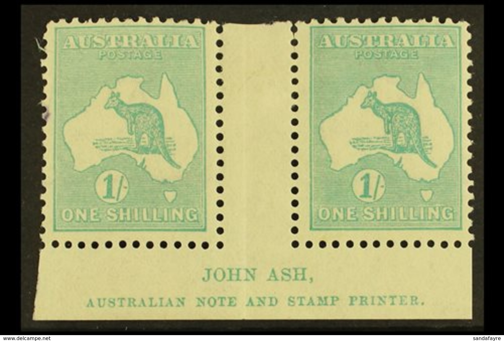 1915-27  1s Blue-green, SG 40, JOHN ASH Imprint Gutter Pair, Mint, Tiny Ink Spot At Left. For More Images, Please Visit  - Sonstige & Ohne Zuordnung