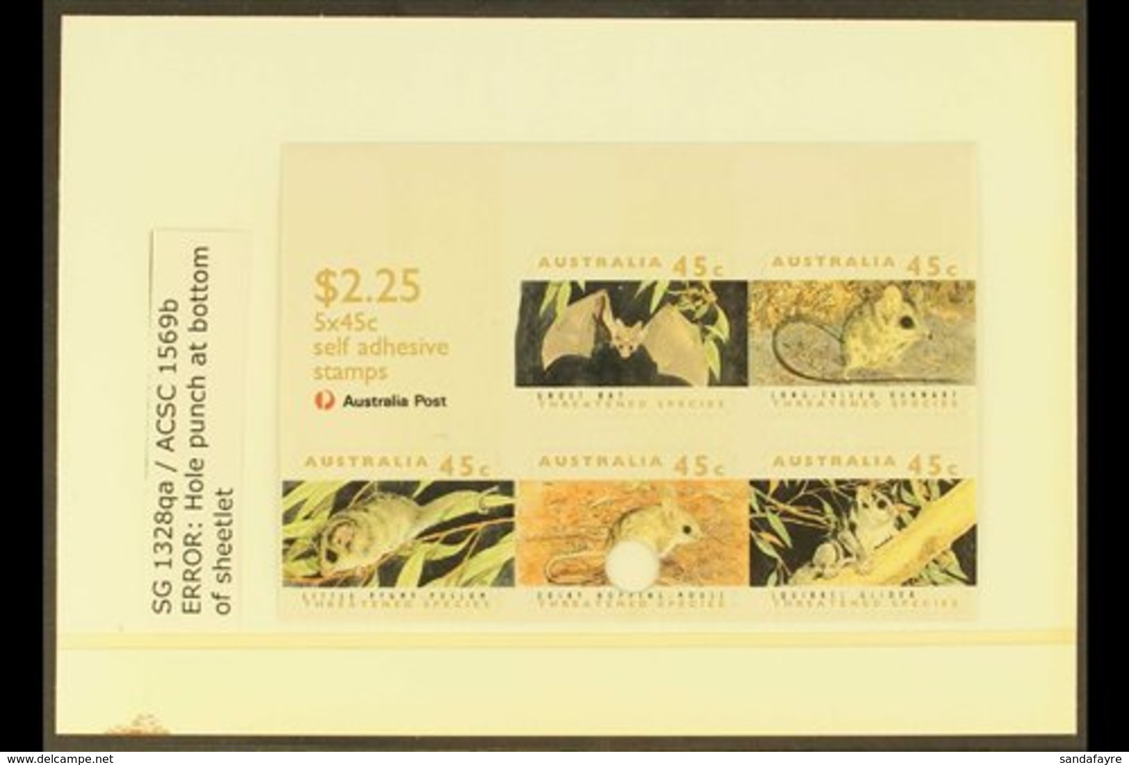 1992 SCARCE SHEETLET ERROR  1992 Threatened Species $2.25 Self Adhesive Sheetlet Of Five On Phosphorised Paper, SG 1328q - Altri & Non Classificati