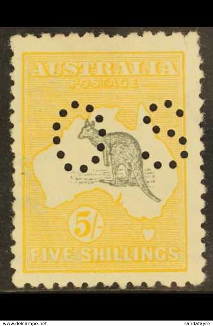 OFFICIAL  1915 5s Grey & Yellow Roo Punctured "OS", SG O37, Very Lightly Hinged Mint, Small Perf Tear At Top Right. Fres - Autres & Non Classés