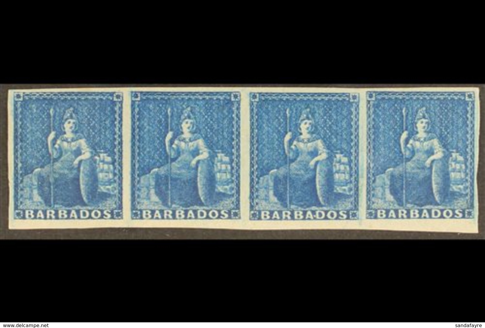 1852  (1d) Deep Blue Britannia, SG 4, Spectacular Mint Og Strip Of 4. For More Images, Please Visit Http://www.sandafayr - Barbades (...-1966)