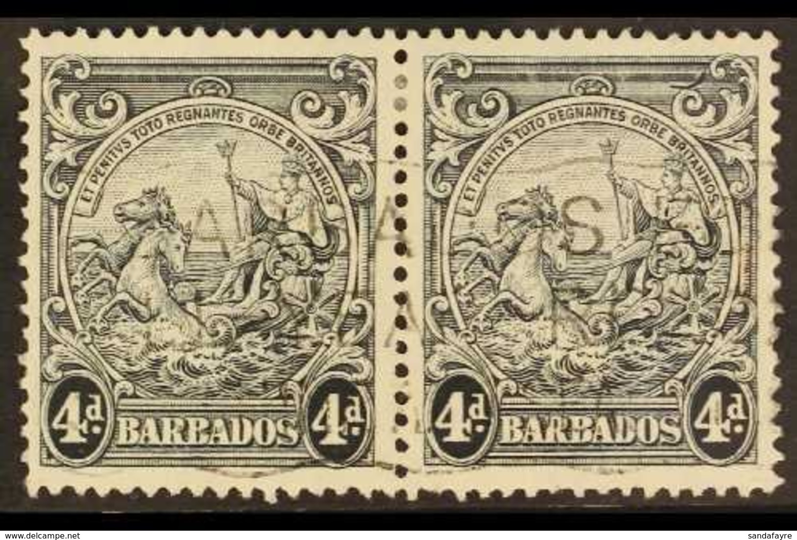 1938  4d Black Badge Of The Colony, Curved Line At Top Right, SG 253b, Within A Horizontal Pair With Light Machine Cance - Barbades (...-1966)