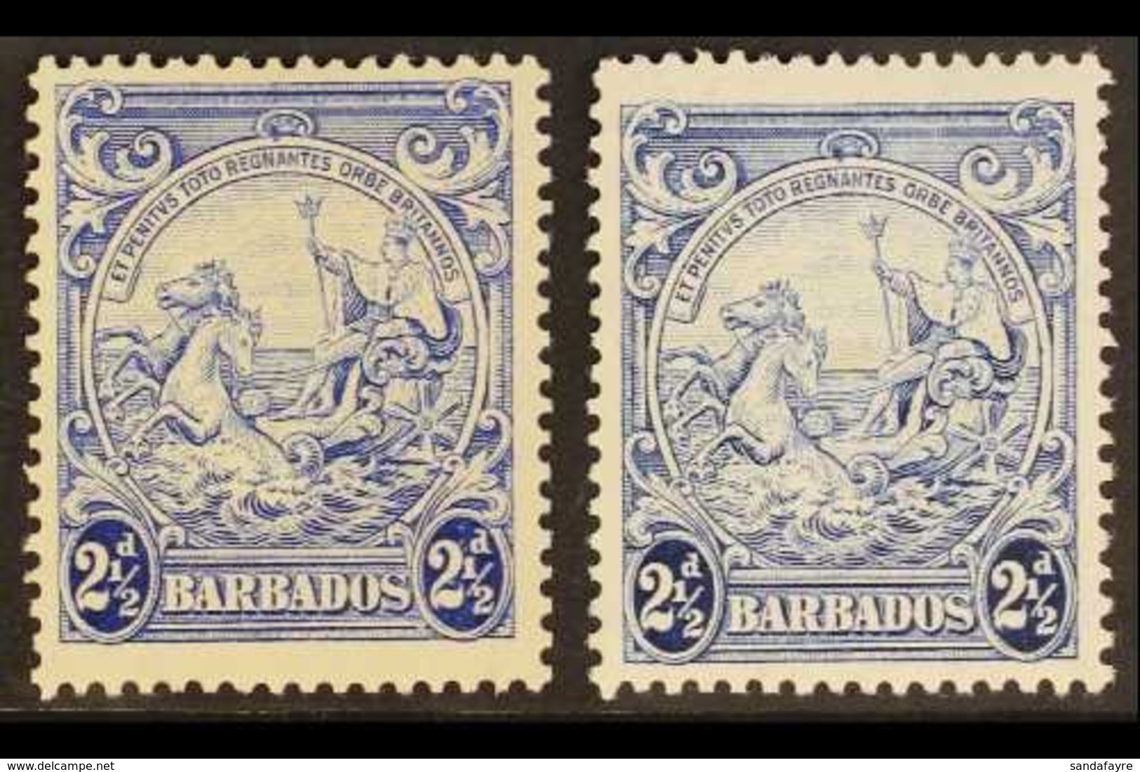 1938-44  2½d Ultramarine And 2½d Blue Badge Of The Colony, Each Showing Mark On Central Ornament, SG 251a, 251bb, Very F - Barbades (...-1966)