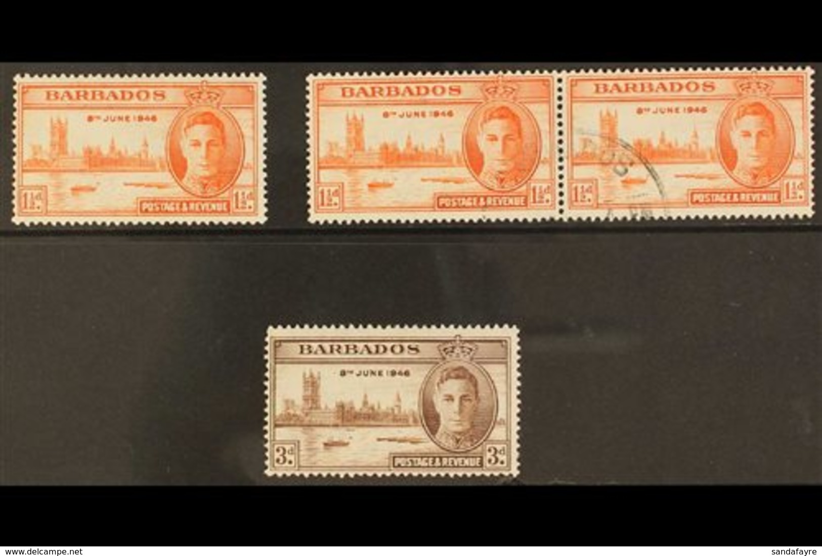 1946  Victory 1½d Red-orange Showing Two Flags On Tug, SG 262a, Fine Mint And Within A Cds Used Pair, 3d Brown Showing K - Barbades (...-1966)