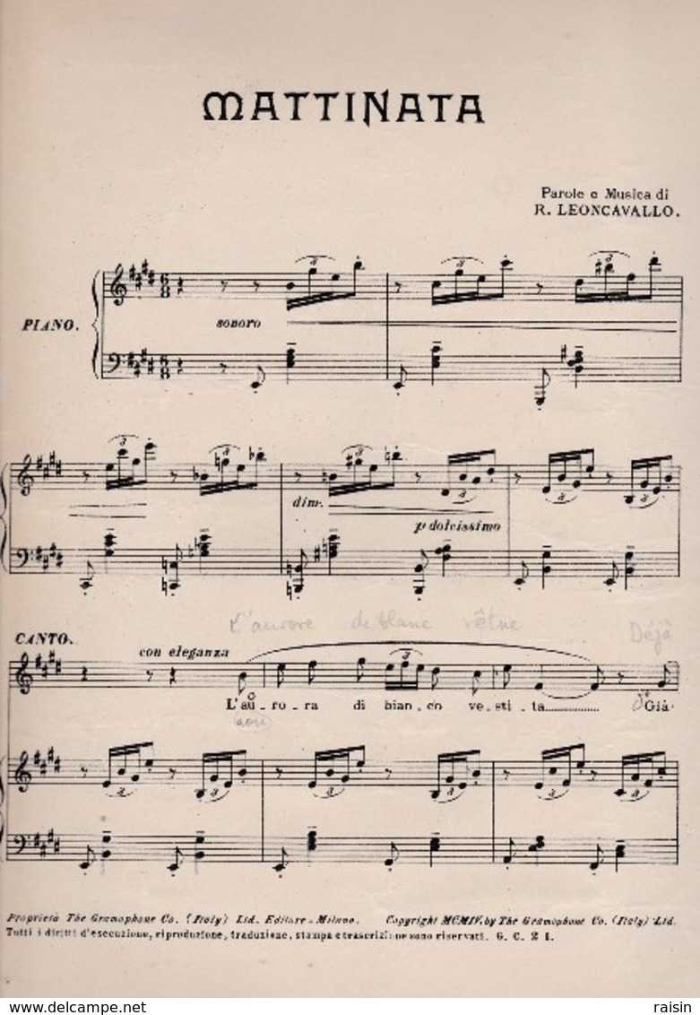 Mattinata  N°2 Piano Chant  Parole Et Musique Ruggero Leoncavallo Scritta Pel "Grammofono" BE - Scores & Partitions