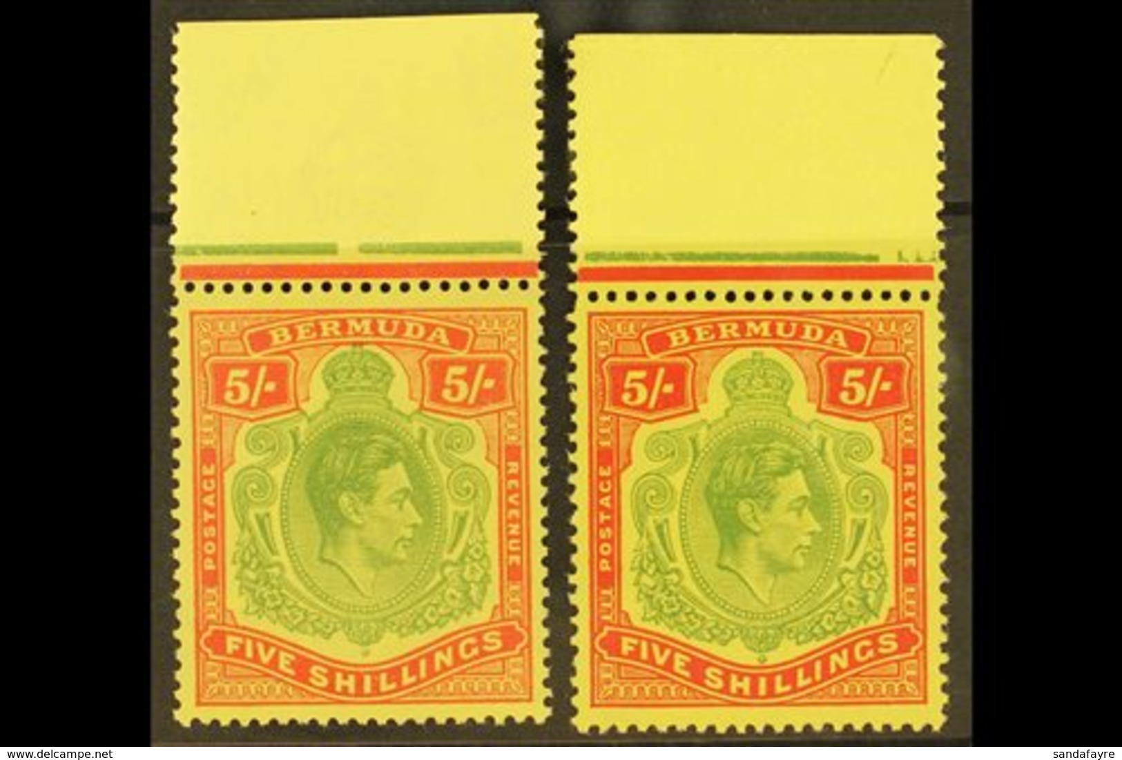 1950  5s Perf. 13, The Two Shades, SG 118f/g, Never Hinged Mint Upper Marginal Examples. (2) For More Images, Please Vis - Bermudes