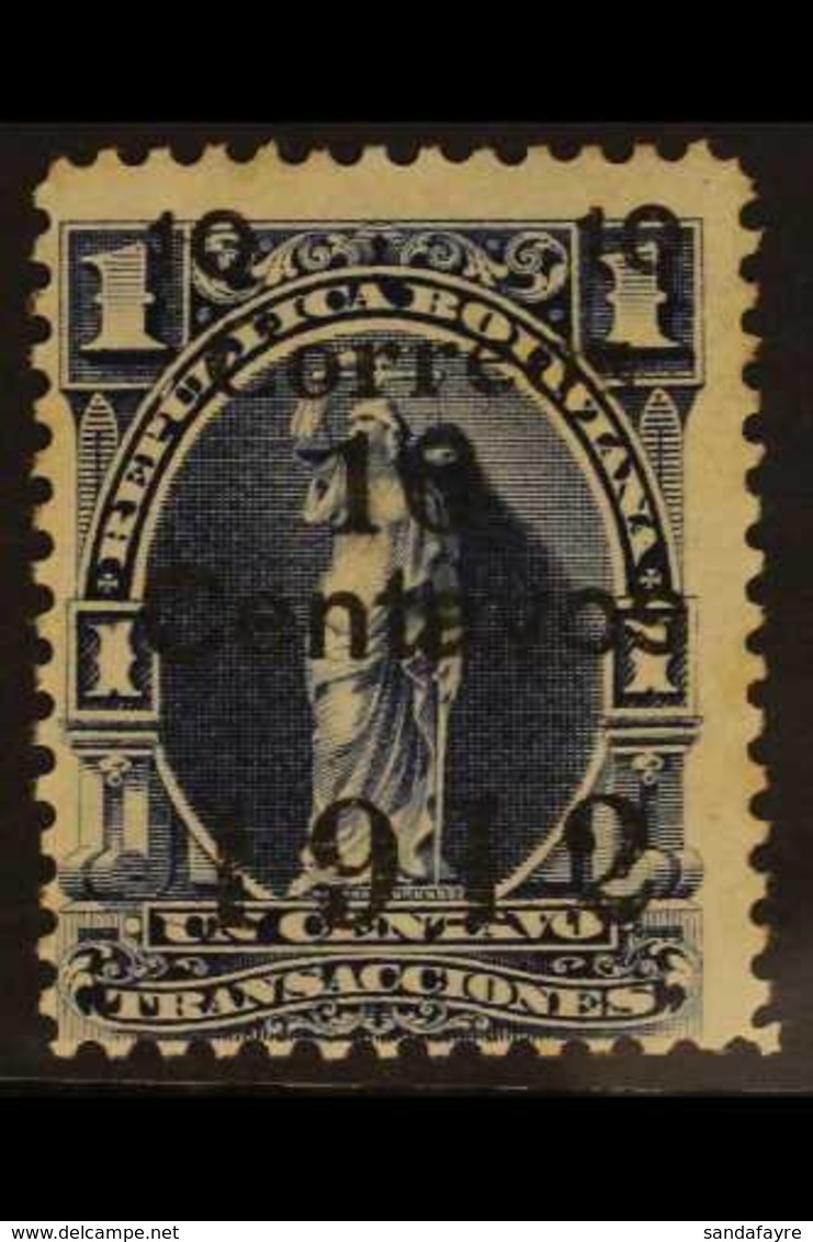 1912  10c On 1c Blue With BLACK SURCHARGE Variety (Scott 101d, SG 129b), Fine Mint, Expertized A.Roig & Kneitschel, Seld - Bolivie