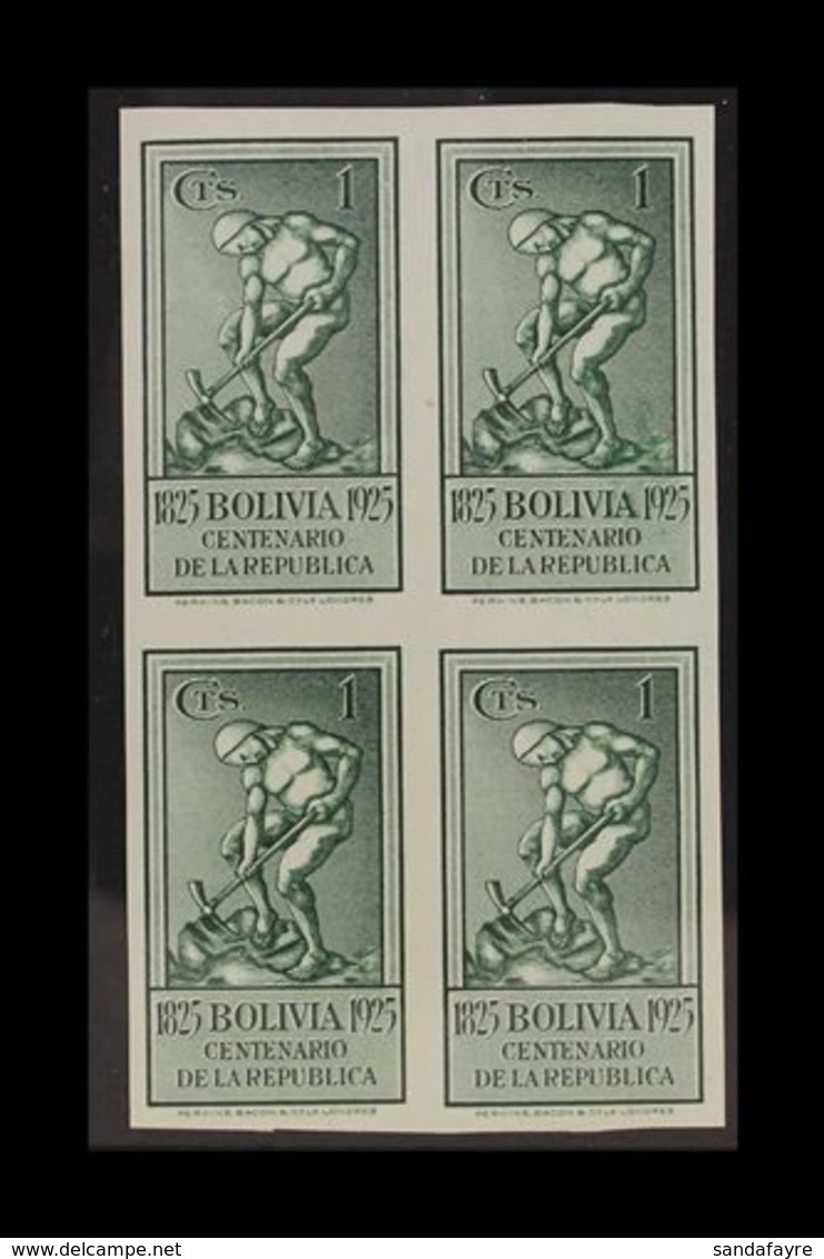 1925  UNISSUED 1c Dark Green "Miner", Centenary Of The Republic, IMPERFORATE BLOCK OF 4, Scott 150, Never Hinged Mint. F - Bolivië