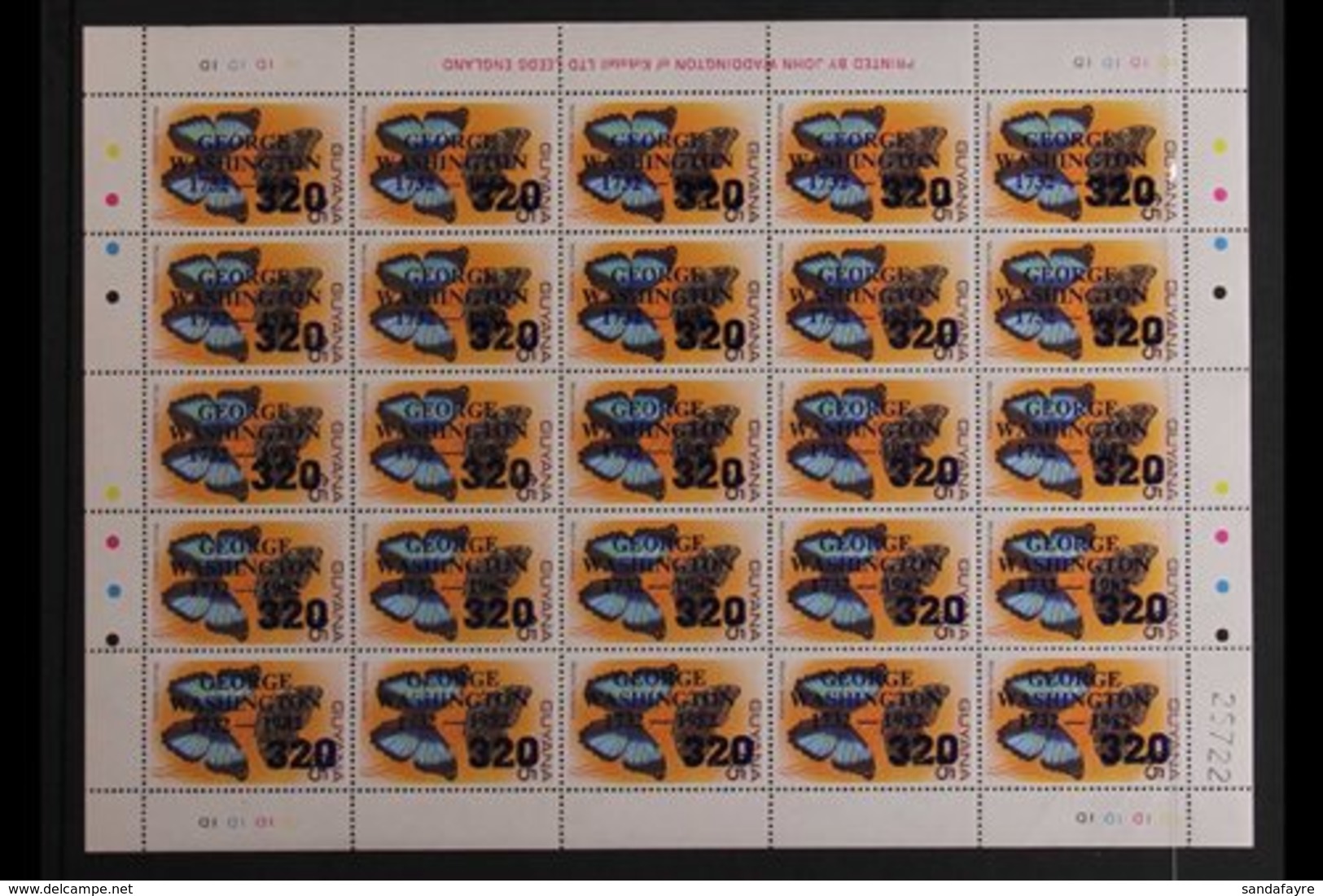 1984  320c On $5 Butterfly With "George Washington" Overprint, SG 1413, Superb Never Hinged Mint COMPLETE SHEETLET Of 25 - Guyane (1966-...)