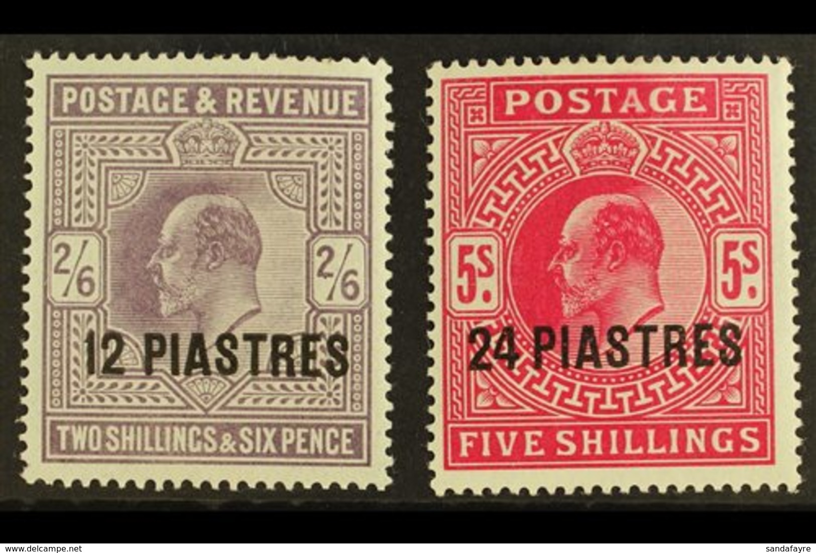 1902 - 05  12pi On 2s6d Lilac And 24pi On 5s Bright Carmine, SG 11/12, Very Fine And Fresh Mint. (2 Stamps) For More Ima - British Levant